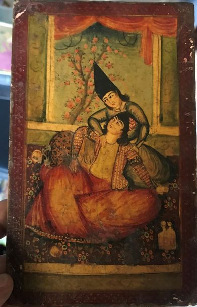 null Elément de miroir en papier mâché, Iran qâdjâr, fin XIXe s.
Décor de jeune femme...