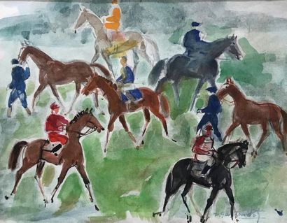 null Pierre GAILLARDOT (1910-2002)
Jockeys et chevaux
Aquarelle sur papier 
Signée...