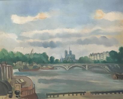 null Hermine DAVID (1886-1971)
Vue du pont Henri IV à Paris
Huile sur toile
Signée...