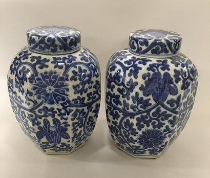 null Paire de vases couverts en porcelaine émaillée bleu-blanc, XIXème siècle 
H...