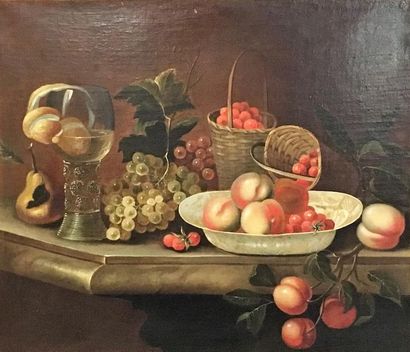 null Ecole hollandaise du XVIIIème siècle 
Nature morte aux fruits sur un entablement
Huile...