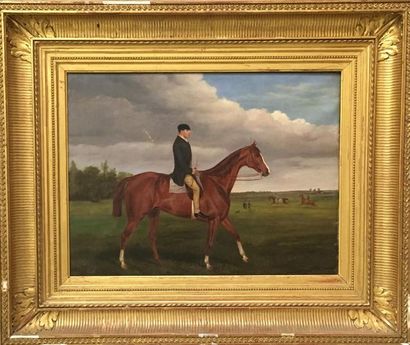 null Ecole française, 1865 
Portrait d'un élégant à cheval
Huile sur toile, monogrammée...