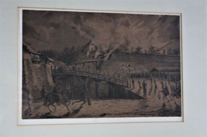 null Gustave Doré (1832-1883). - Incendie d’une ville au Moyen-Age. Plume et encre...
