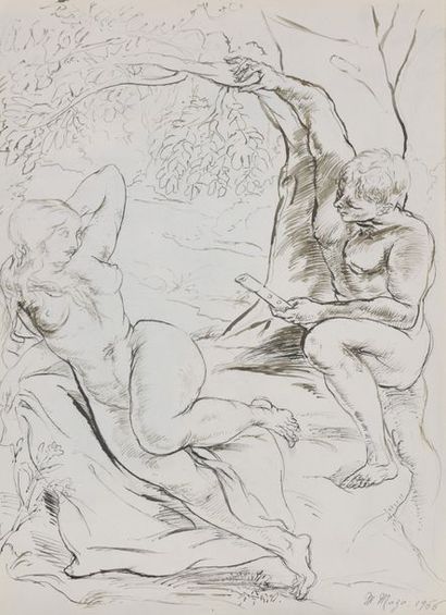 Maurice MAZO (1901-1989) 

FEMME NUE A DEMI ETENDUE ET HOMME APPUYE A UN ARBRE TENANT...