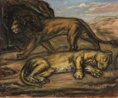 Maurice MAZO (1901-1989)  
Couple de lions 
Huile sur panneau 
Signée (en bas...