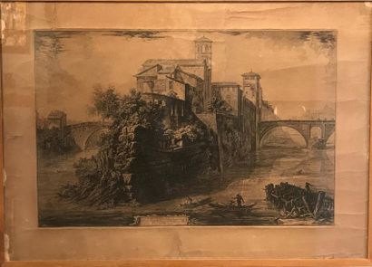 null D'après PIRANESE
Veduta dell Isola Tiberina
Gravure.
Hors marges : 48 x 72 cm
(Pliures...