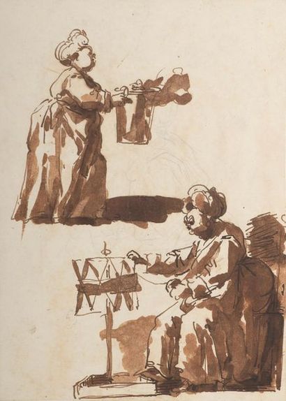 null Lot de trois dessins :
– Carlo MARCHIONNI (Rome 1702-1786)
Une femme filant
Plume...
