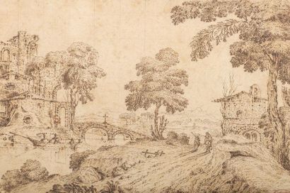 null Lot de deux dessins :
– Attribué à Abraham GENOELS (1640-1723)
Vue d’un village...