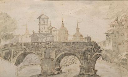 null École ITALIENNE du XVIIe siècle
Vue du Ponte Rotto et de l’Ile Tibérine à Rome
Plume...