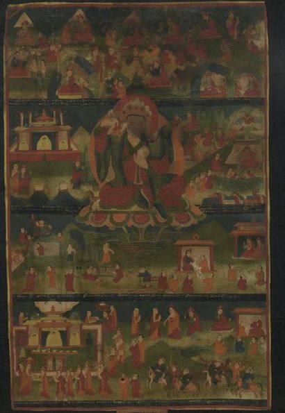 null Tangkha, peinture sur détrempe, lama entouré de lamas et de moines. Encadrée...