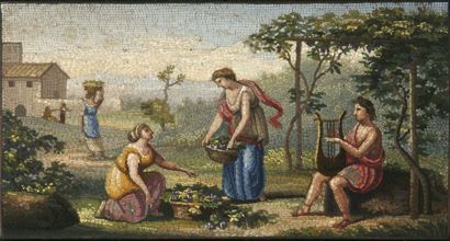 null Deux petits tableaux en micro-mosaïque polychrome :


« Scène de vendanges avec...