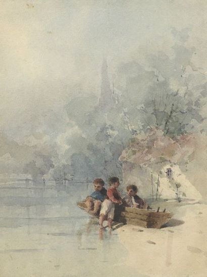 null École ANGLAISE du XIXe siècle


Petits pêcheurs en barque


Aquarelle.


29...