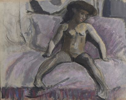 null Jean PUY (1876-1960) 
Nu assis au sofa 
Crayon noir et crayon de couleurs, aquarelle...