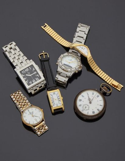 null Lot de six montres :


- montre de gousset en métal, cadran fond blanc, chiffres...