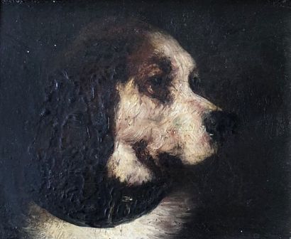 null Lot de cinq pièces encadrées représentant des portraits de chiens (deux huiles...