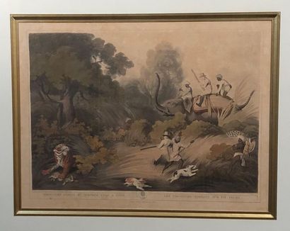 null Quatre gravures anglaises en couleurs sur le thème de la chasse aux Indes (petites...