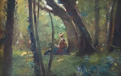 null Paul de FRICK (1864-1935).
La lecture en forêt.
Huile sur carton toilé, signée...