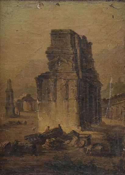 null Suite d'Hubert ROBERT (1733-1808)
Caprice avec des ruines antiques 
Huile sur...