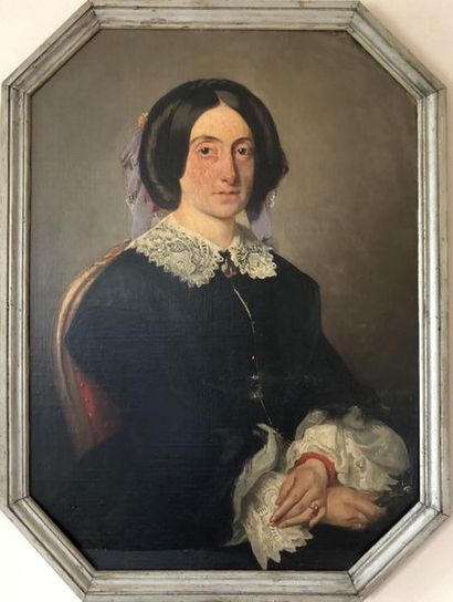 null Ecole du XIXe siècle.
Portrait de femme au ruban.
Huile sur toile marouflée...