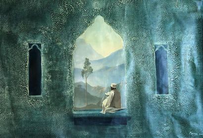 null MARRIAN (Xxème)
Le lecteur du Coran devant paysage de montagne
Huile sur toile...