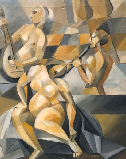 null J.ALDI (XXème siècle)
Les musiciens
Composition cubiste, huile sur toile signée...