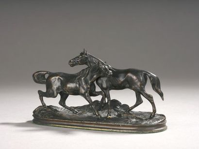 null D’après Pierre-Jules Mêne (1810-1879) 
Accolade
Bronze à patine brune
Porte...