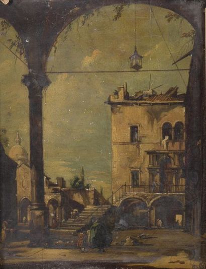 null Suite de Francesco GUARDI (1712-1793)
Palazzo en ruine à Venise
Huile sur panneau....