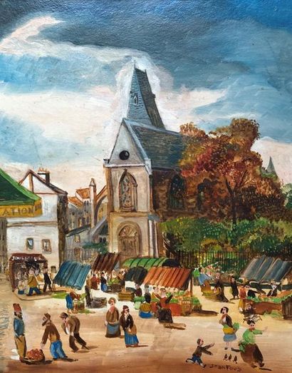 null +LOT 100+Jean FOUS (1901-1971)
Jour de marché, place de l'église
Huile sur panneau...