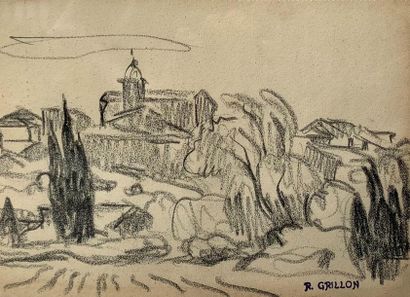 null +LOT 64+Roger GRILLON (1881-1938) 
Village de l'Aude
Fusain sur papier, cachet...