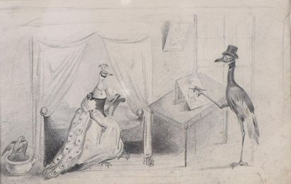 null Ecole française du XIXe siècle 
Héron dessinant une paonne posant sur son lit
Crayon...