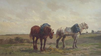 null Suite de Jules VEYRASSAT (1828-1893)
Deux chevaux dans la campagne normande
Huile...