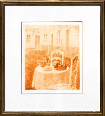  Henri LE SIDANER (1862-1939) Table dressée dans le jardin Pointe-sèche à la manière... Gazette Drouot