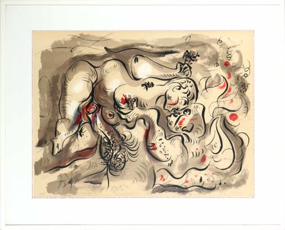  André MASSON (1896-1987) Scène érotique Lithographie en couleur sur papier Signé... Gazette Drouot