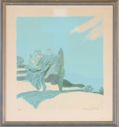  Roger MUHL (1929-2008) Paysage au cyprès Lithographie en couleur sur papier Mourlot... Gazette Drouot