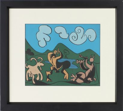  Pablo PICASSO (1881-1973), d’après Faunes et chèvre - 1959 Linogravure en couleur... Gazette Drouot