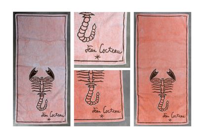  Jean COCTEAU (1889-1963) Scorpion Two terrycloth towels Roche Bobois éditeur Signed... Gazette Drouot