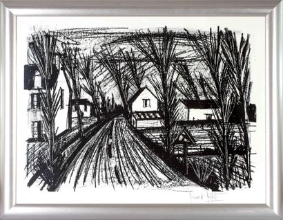  Bernard BUFFET (1928-1999). Le village - 1998. Lithographie en noir sur papier.... Gazette Drouot