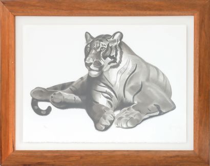  Georges-Lucien GUYOT (1885-1973) Tigre couché Lithographie en noir sur papier Signé... Gazette Drouot
