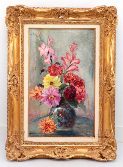  Henri LEBASQUE (1865-1937). Glaïeuls et dahlias dans un vase. Huile sur toile. Signé... Gazette Drouot