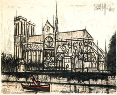  Bernard BUFFET (1928-1999). Notre Dame de Paris - 1960. Tapisserie imprimée réalisée... Gazette Drouot
