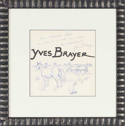  Yves BRAYER (1907-1990) Chevaux en Camargue Encre bleue sur page de garde Signé... Gazette Drouot