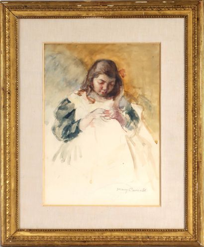  Mary CASSATT (1844-1926). Françoise à la couture - 1909. Aquarelle sur papier. Signé... Gazette Drouot