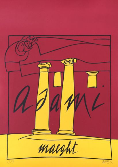  Valerio ADAMI (né en 1935) Temple sur fond rouge Lithographie en couleur sur papier... Gazette Drouot