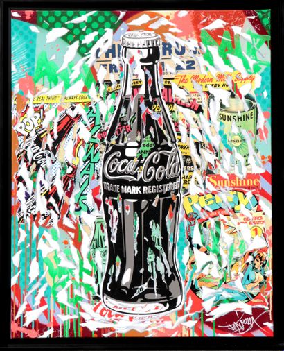  Jo DI BONA (né en 1976). Coca Cola. Technique mixte sur toile. Signé en bas à droite.... Gazette Drouot