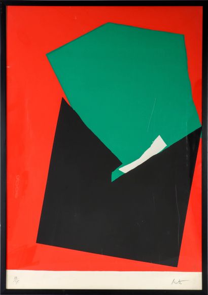  Jean MIOTTE (1926-2016) Composition sur fond rouge Lithographie en couleur sur papier... Gazette Drouot