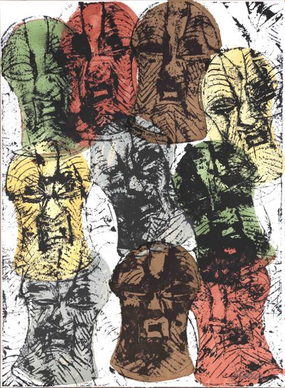  ARMAN (1928-2005). Masques de jugement Songue - 1998. Lithographie en couleur sur... Gazette Drouot