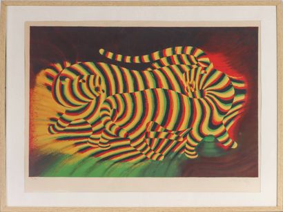  Victor VASARELY (1906-1997). Tigres multicolores - vers 1970. Lithographie en couleur... Gazette Drouot