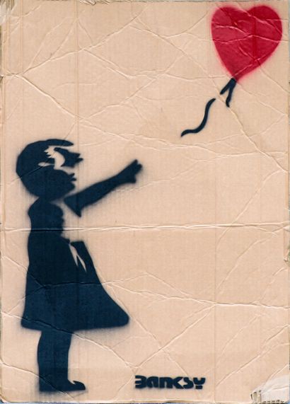  BANKSY (né en 1974) d'après Girl with red balloon Pochoir sur carton de récupération... Gazette Drouot