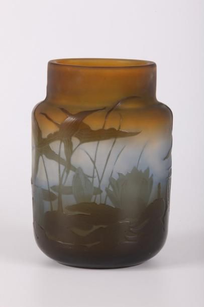 Émile GALLÉ (1846-1904) Vase de forme cylindrique en verre gravé à l'acide à décor...