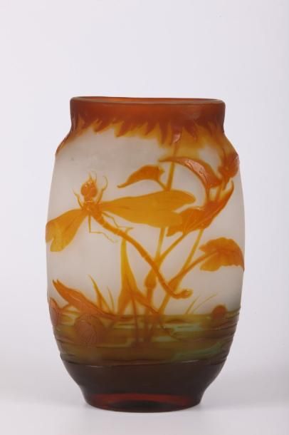Émile GALLÉ (1846-1904) Vase de forme bombée à méplat en verre gravé à l'acide à...